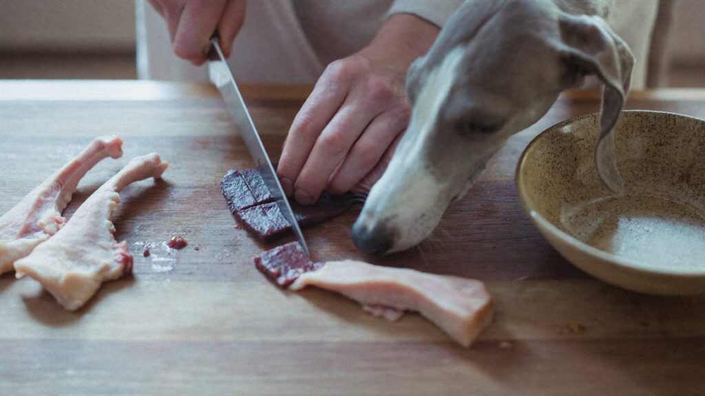 Dłonie kroją ciemnoczerwoną koninę na desce, obok kawałki królika, whippet opiera głowę o deskę