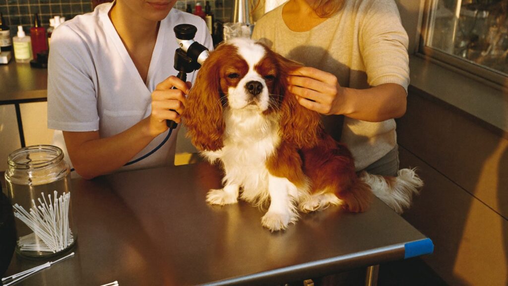 Weterynarz zagląda otoskopem do ucha cavalier king charles spaniela siedzącego na stole w gabinecie