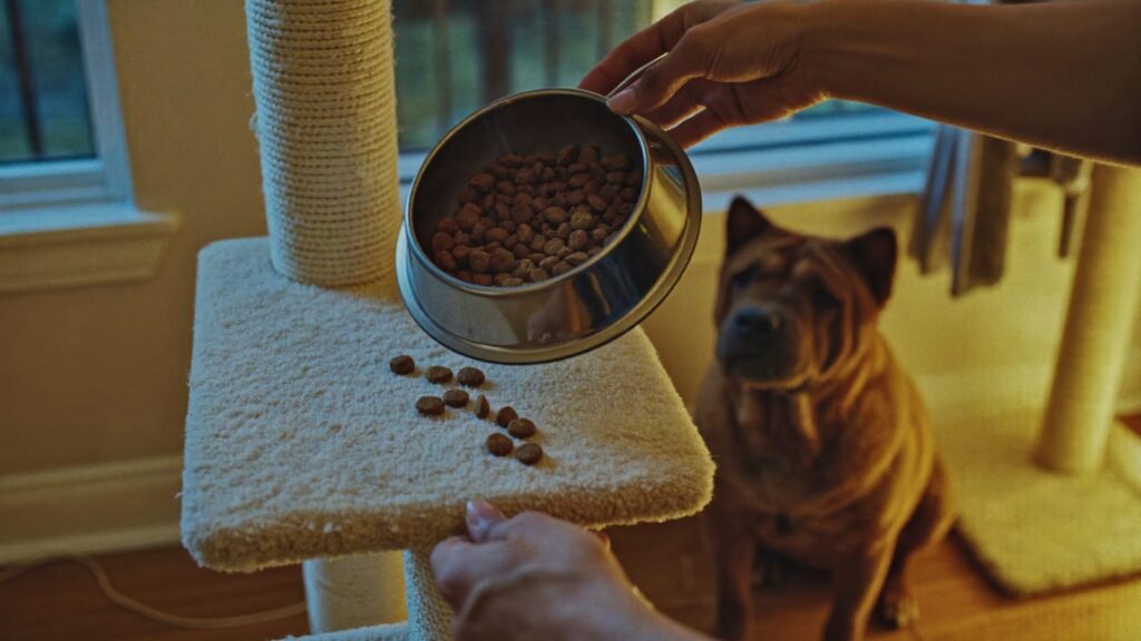 Dłonie stawiają kocią miskę na szczycie drapaka, a shar pei siedzi niżej i patrzy w górę