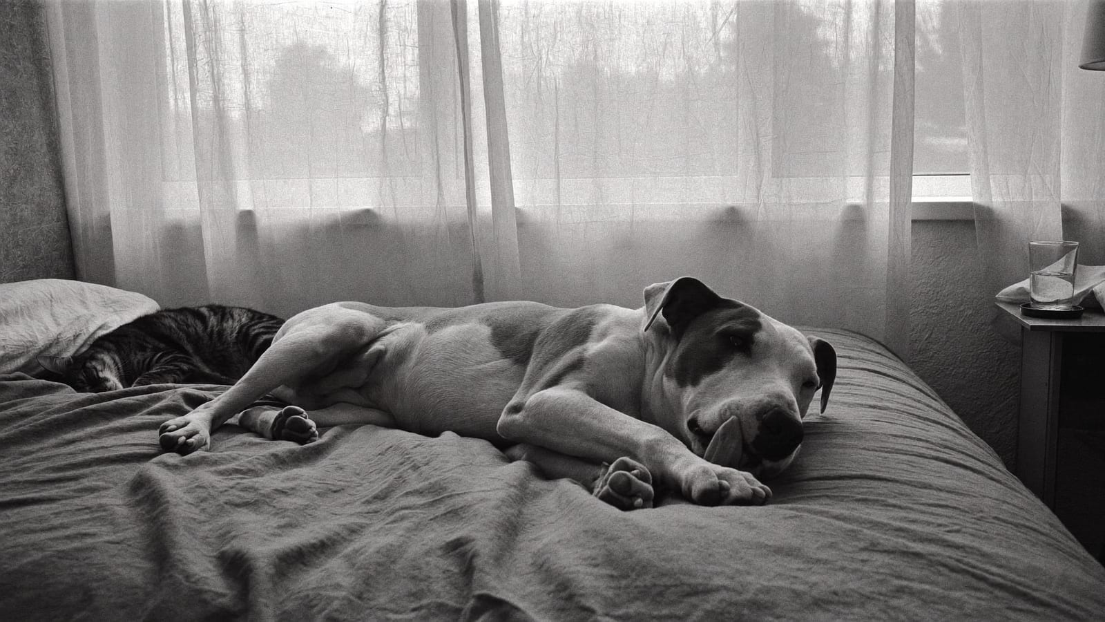 Staffordshire bull terrier liże łapę na łóżku, a w nogach śpi pręgowany kot