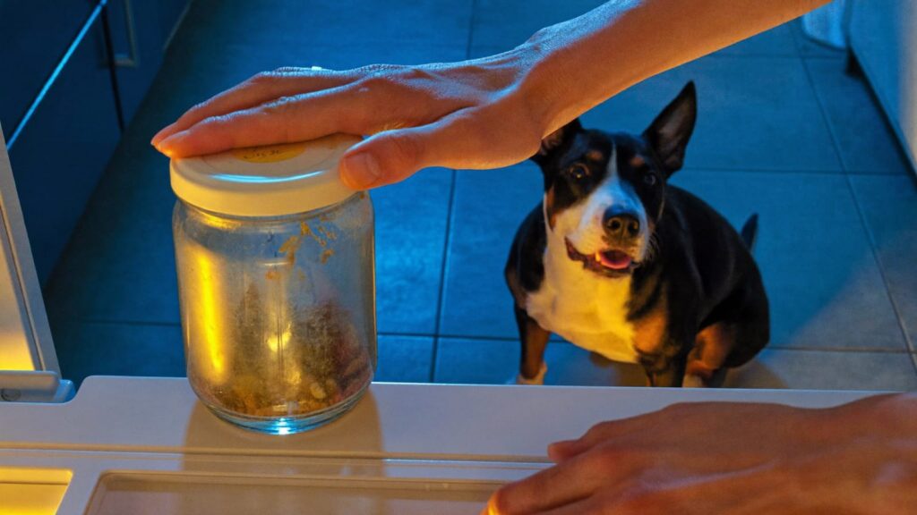 Dłonie wstawiają do lodówki zakręcony słoik z resztą karmy, staffordshire bull terrier patrzy z podłogi