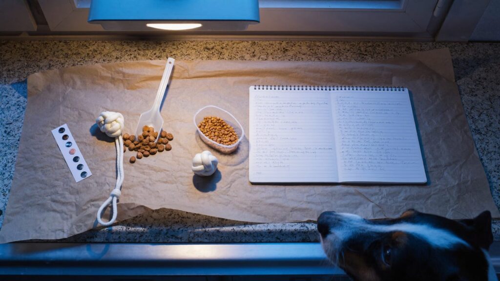 Na brązowym papierze karma, przysmaki, gryzak, tabletki i notes, z brzegu blatu zagląda nos jack russell teriera
