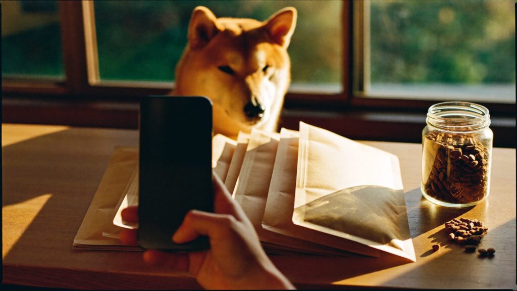 Dłoń z telefonem nad rzędem papierowych woreczków, słoikiem karmy i gryzakami, w tle shiba przy oknie