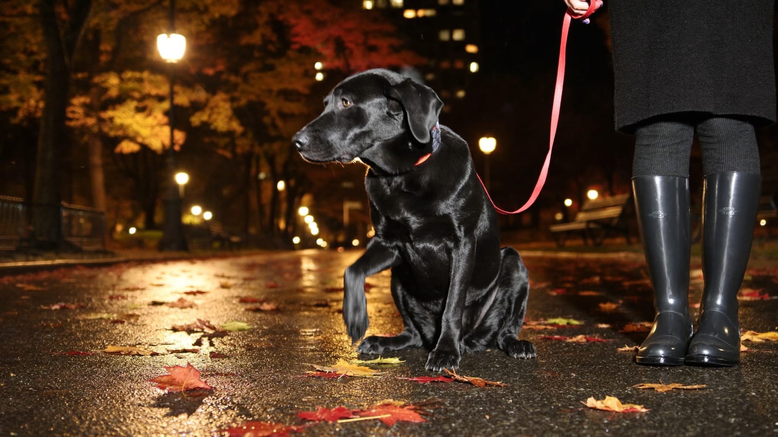 Szczeniak czarnego labradora drapie się tylną łapą za uchem na mokrej alejce w parku nocą, obok nogi opiekuna