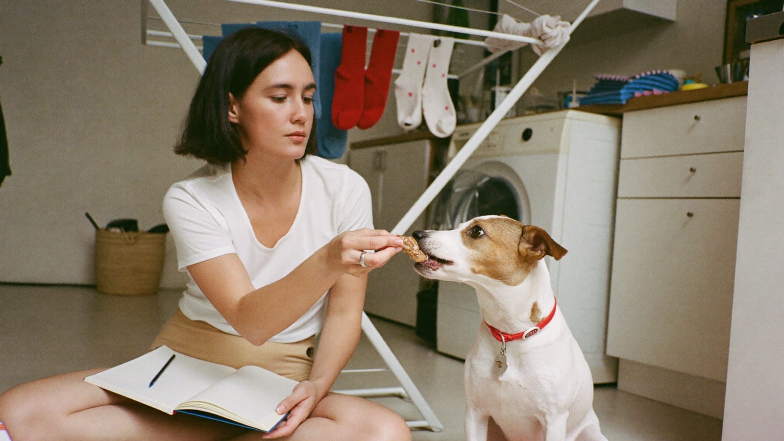 Opiekunka siedzi na podłodze w kuchni i podaje jack russell terierowi kawałek kurczaka, na kolanie ma notes