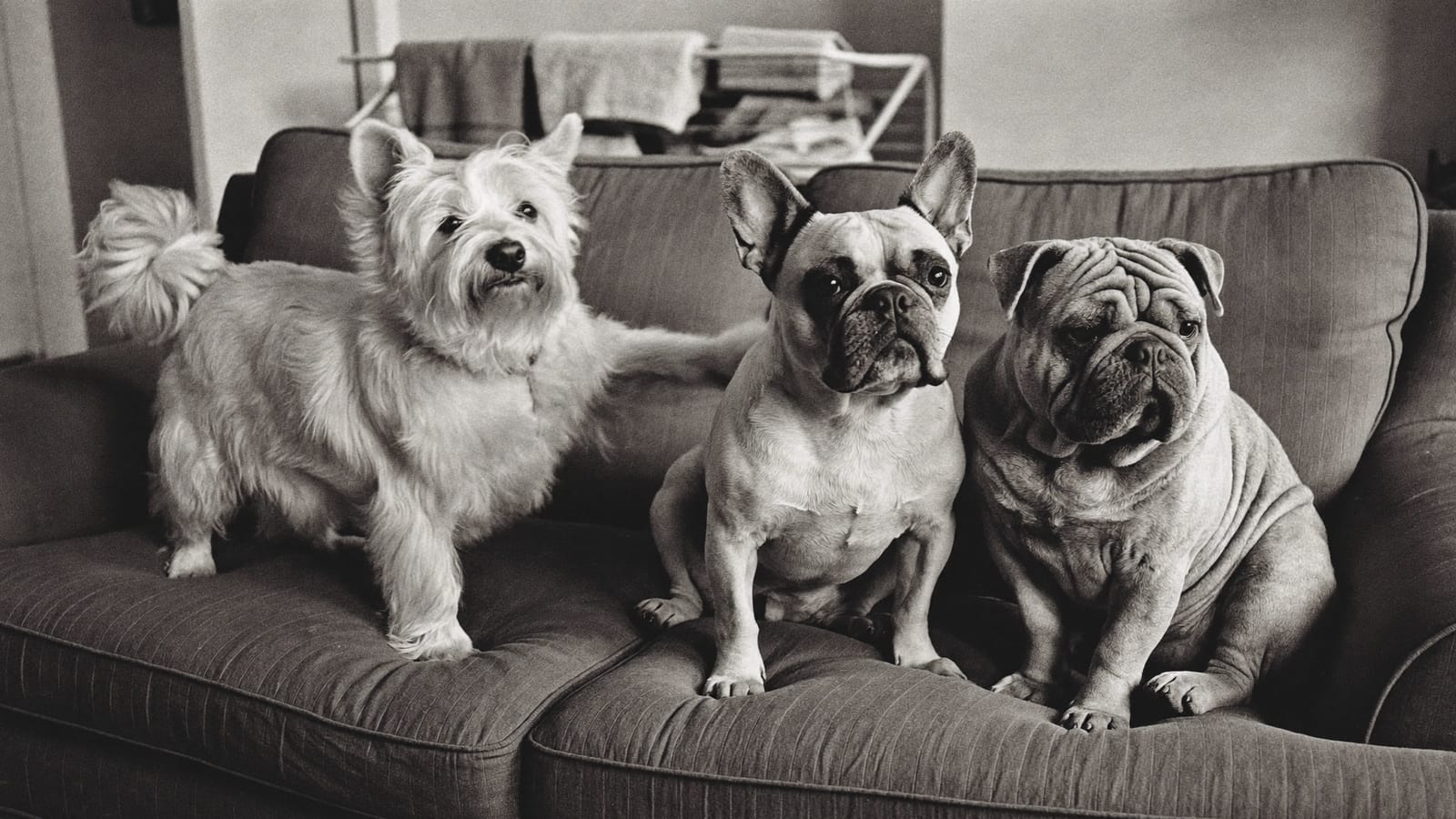 West highland white terrier, buldog francuski i shar pei siedzą obok siebie na kanapie, westie drapie się za uchem